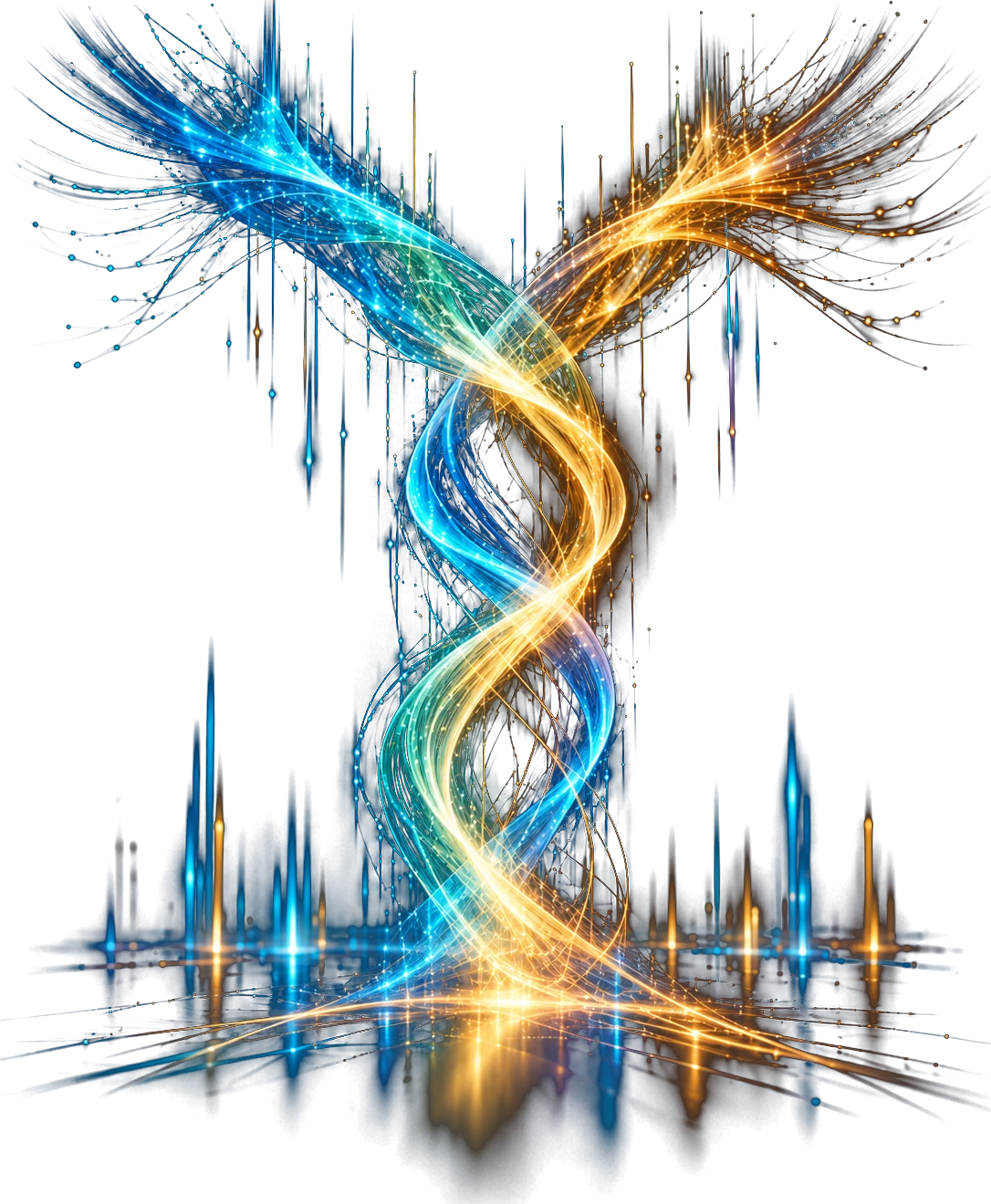 Filaments lumineux bleus et dorés formant une torsade verticale