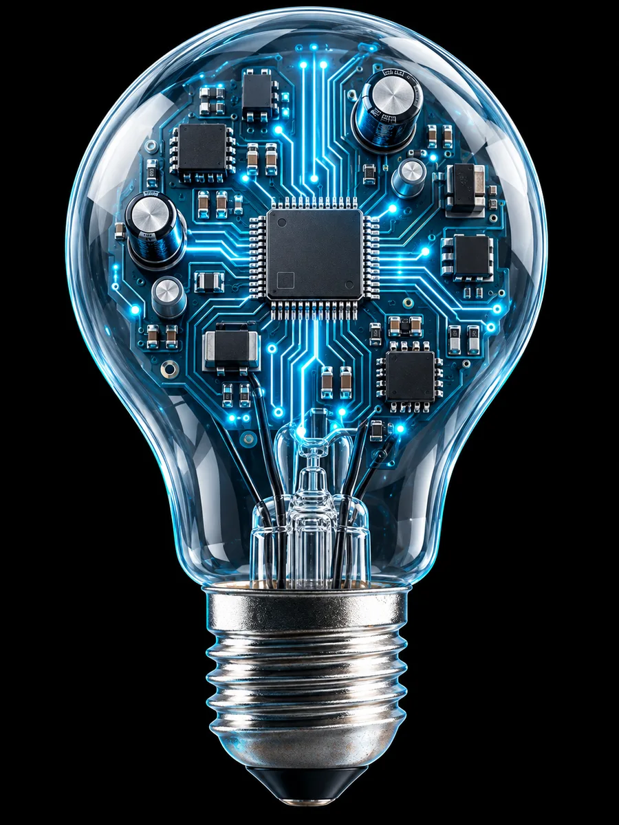 Ampoule transparente avec circuit électronique et pistes lumineuses bleues